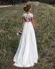 Garden Lace Appliqued Boho A Line Wedding Gowns with Cap Sleeves Flowy Chiffon Sweep Train Bridal Dress Side Split Simple Beach Robes De Mariee CL