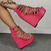 Sorbern Hot Pink Sandals Wedge avec des chaînes en or Back Zipper Platform High Heels