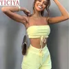 Yiciya Women Festival Summer Brandless Crop Festival+Shorts 2 قطعة مجموعة ربطة عنق صفراء وردية اللون هوديي الزي غير الرسمي صالة الراحة الصلبة 220511