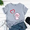 Serce Pig Print Women T Shirt krótki rękaw O luz luźne damskie ubrania tee camisetas mujer