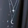 Pendentif Colliers Unique Mémoire Diamant Brillant Étoile Lune Double Couche Argent Couleur Clavicule Chaîne Collier Femme SNE604 Heal22