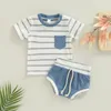 15954 Summer Europe Infant Baby Boys Set Kids Short Sleeve Stripe T-Shirt Shorts 2pcs Set Children Outfits