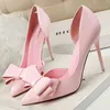 2022 Fetish Women 10cm High Heels Pumps Scarpins Bow Sweet Kawaii Heels Shoes Lady Pointed Toe Fetish Candy Colors Blue Shoes G220516