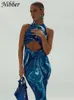 Nibber Y2k Sexy Beach Bodycon Abiti Donna Scava Fuori Spalle Backless Stampa Tie Dye Blu Maxi Abiti Estate 220705