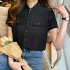 女性用ブラウスシャツ夏の女性のソリッドカラースタンドカラーシフォンレディースカジュアルトップ半袖ボタンアップシャツwomen's