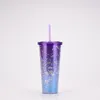 Nova venda quente! 5 cores 24oz 700ml plasic tumblers ins dupla camada glitter gradual mudança de tumblers com palha portátil e leo sólido