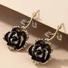 Dangle żyrandol Huatang Trendy Rhinestone Black Rose Flow Kolczyki dla kobiet złoto kolor romantyczny wesele ucha biżuteria