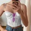 Abiti casual Hirigin Donna In pelle PU Avvolgente Scollo a V Camicie Senza maniche Spalline sottili Crop Top Maglia in raso Corsetto Bustier Streetwear Club