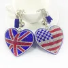 Mode diamant ensemble velours USA UK drapeau porte-clés pour hommes femmes coeur de pêche porte-clés pendentif bagages voiture porte-clés bijoux cadeau accessoires