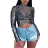 T-Shirt Femme Cristal Brillant Full Transparent Mesh Crop Top Sexy Voir à Travers Slim Manches Longues Femme Chemises 220516