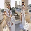 Arábia Sereia Vestido de Noiva 2022 Berta Alta Collar Side Lateral Ilusão Lace Appliques Longo Manga Varredura Train Boho vestido nupcial