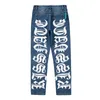 Baksida Brevtryck Washed Blue Herr Jeans Byxor Ripped Streetwear Rak Casual Oversized Baggy Denim Byxor