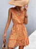 Casual Dresses Backless Sleeveless Floral Slip Mini Dress Lace Up Summer Fashion Printed V Neck Ruffle Edge Women's DressesCasual