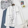HSA Women Spring Cartoon Carty Capt Cat Белая блузка и рубашки с длинным рукавом Негабарированные повседневные блюза