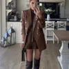 Elegant Woman Brown Leather Blazer Autumn Vintage Female Solid Double Breasted Pu Blazers Ladies High Street Outwear 220402 s