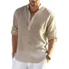 T-shirt à manches longues en lin pour hommes, couleur unie, chemise en coton décontracté ample, grande taille 220712