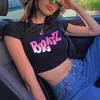 Streetwear 90s Summer Y2k Femmes Vêtements Bratz Lettre Impression Noir Crop Tops Oneck Vintage Casual T-shirts À Manches Courtes 220702