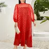 Plus Size Jurken Rood Maxi Shirt Dames Lange Mouw See Through Striped Stand Collar A Line Casual Longue Robes Vestidos Elegante