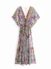 Vintage Chic Women Peacock Floral Print Bat Sleeve Beach Bohemian Maxi Dresses Robe Ladies V-neck Tassel Summer Boho Dress 220621