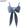 Zevity Women Spaghetti Brap Sexy Bow Chick Shick Denim Camis Tank Ladies Summer Slim Sling Tops LS9059 210603