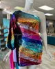 Multi-Color Cocktail NYE Dress 2023 Long Puff Sleeve Rainbow Sequins Lady Formal Event Party Gown One-Shoulder Short Club Night Ou217D