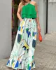 여자 2 피스 바지 여름 여성 의류 세트 슬리빙 더블 레이어 주름 끈 스트랩 홀터 셔츠 넓은 다리 꽃 바지 트윈 세트 여성