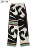 Zevity Women Vintage Geometric Patchwork Graffiti Print Wide Leg Pants Female Chic Zipper Long Trousers Pantalones Mujer P506 220725