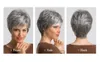 Kısa gri insan saç perukları kadınlar için 8 inç doğal pixie kesilmiş peruk gümüş gri tuz ve karabiber makinesi, dantel olmayan peruk%150 yoğunluk