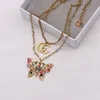 Designer Double Letter Pendant Necklaces Gold Plated Butterfly Crysatl Pearl Rhinestone Sweater Necklace for Women Wedding Party Jewerlry Accessories