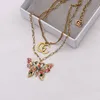 Luxury Designer Double Letter Pendant Necklaces 18K Gold Plated Butterfly Crysatl Pearl Rhinestone Sweater Necklace for Women Wedding Party Jewerlry Accessories