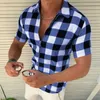 Herren Slim Fit Revers Plaid Print Shirt Top Fashion Zip Cardigan Kurzarm T-Shirt 220505