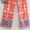 Traf Women Chic Fashion Patcwork Totem Print Straight Pants Vintage Высокая упругая талия ленты женские брюки Mujer 220812