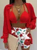 Shorts Frauen Sommer Casual Sling Top Strickjacke Shorts 3PCS Anzüge Langarm VNeck Druck Loungewear Damen Passenden Sets Streetwear y2