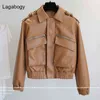 Lagabogy New Autumn Brown Short Faux Leather Coat Women Spring Long Sleeve Biker Jacket Female Zipper Causal Pocket Outwear L220728