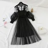2022 Women Fashion Dress Stand Collar Lantern Sleeve Mesh Dress See-through Lace Embroidery Fairy Dress Femme Vestidos Robe 220317