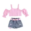 Summer Girl Clothes Set Hollow Flying Sleeve O-neck Top + Suspender Shorts 2Pcs Casual Kids Set For 1-6 Year Old Girls 220425
