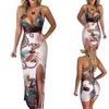 Casual klänningar sommar eleganta kvinnor sling v nacke påfågel fjäder print split penna klänning kvinnlig bodycon mini kort vestidos strand sundress