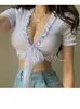 Womengaga 여름 한국어 달콤한 소녀 프릴 붕대 배꼽 T 셔츠 짧은 소매 티셔츠 섹시한 여성 스키니 티셔츠 톱 RV95 220408