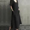 ZANZEA Frauen Lange Maxi Sommer Kleid Casual Baumwolle Leinen Damen Große Taschen Strand Party Robe Femme Vestidos 220613