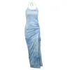 Wholesale Sexy Women Long Dress Drawstring Tie Dye Autumn Woman Clothing Printing Split Pleated Neck long maxi party Dresses plus size W220421