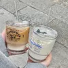 350ml 귀여운 개 유리 물병 뚜껑과 짚 kawaii 휴대용 우유 카톤 음료 병 커피 거품 티 컵 소녀 선물