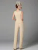 Champagne Jumpsuit 3 Piece Suit Mother of the Bride Dress Plus Size Scoop Beading Floor Length Chiffon Wedding Party Gowns