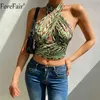 Forefair Femmes Vert Sexy Halter Cou Débardeur D'été Dos Nu Épaule Évider Imprimer Crop Top Vintage Mode 2021 G220414