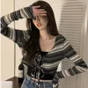 Tonngirls Grunge Kravat Boya Kırpma Tops 2-Parçalı Kadın Casual Y2K Vintage T-Shirt E Kız Streetwear Uzun Kollu Lace Up Tee Gömlek 220321