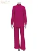 Clacive Casual Lâche Rose Deux Pièces Pantalon Ensemble Femmes Mode Blouses À Manches Longues Assorti Pantalon Large Costume À Lacets Pantalon Ensembles 220812