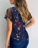 Womens Mesh Ruffled Sleeve TShirt Summer Fashion Casual Flower Embroidery Cutout Mesh Sheer Tops Ladies Slim Round Collar Tops 220530