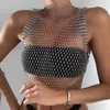 Kvinnors Fishnet Crop Top Sommar Sexig Mesh Hög Elastisk Svart Vit Skjorta Netto Se genom Rave Diamond Tank 220316