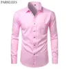 Camicie eleganti da uomo rosa a maniche lunghe in fibra di bambù abbottonate da uomo casual slim fit non stirate facili da pulire senza rughe maschio 210809