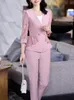 Women's Two Piece Pants Korean Spring Dress Large Office Female Business White-collar Formal Work Clothes Medium Sleeve Coat Purple Two-piec