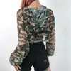 Long Sleeve Mesh Top Hooded Womens T-shirt Hollow Out Sexy Punk Rock Short Crop White Fishnet Women Clothing Tops Tees